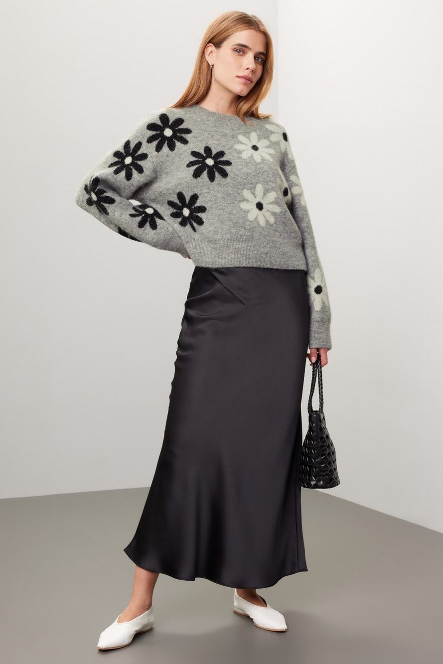 Sandro Gray Floral Knit Wool Alpaca Crewneck Long Sleeve Sweater Size Small